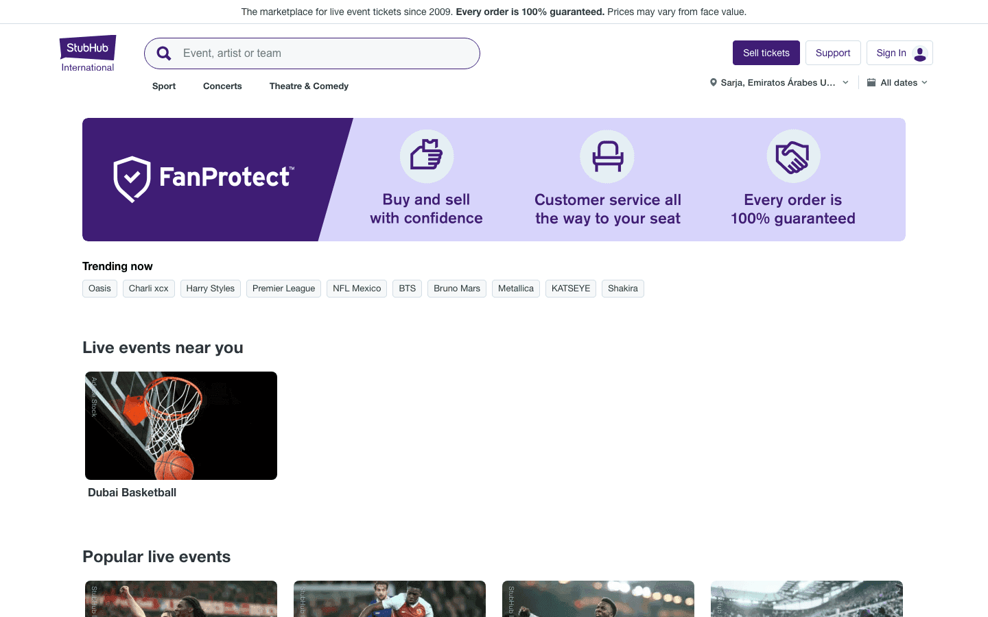 Stub Hub website homepage, captured 29 October 2026