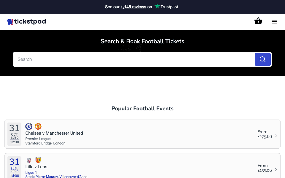 Football Ticket Pad website homepage, captured 29 October 2026