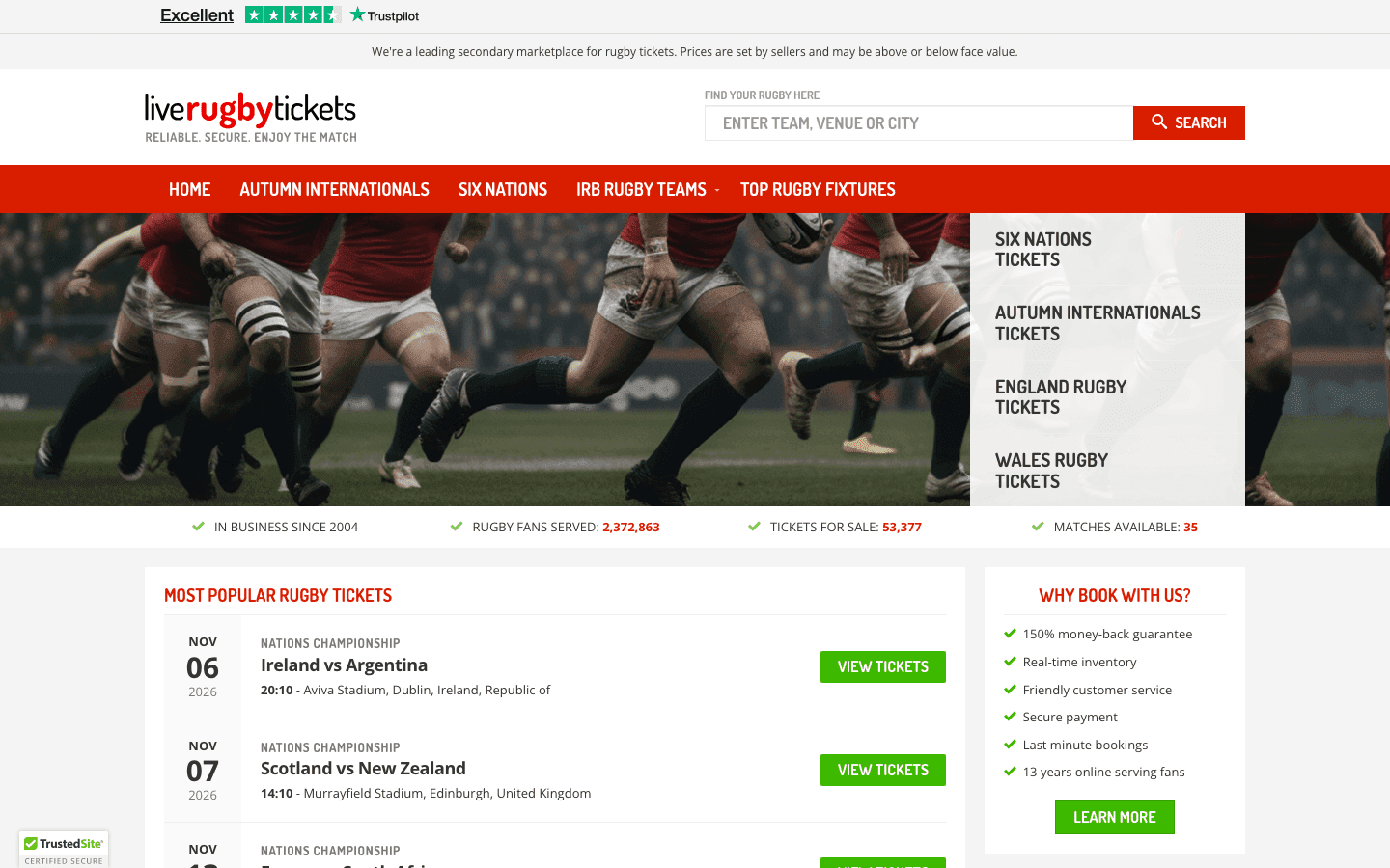 Live Rugby Tickets website homepage, captured 29 October 2026