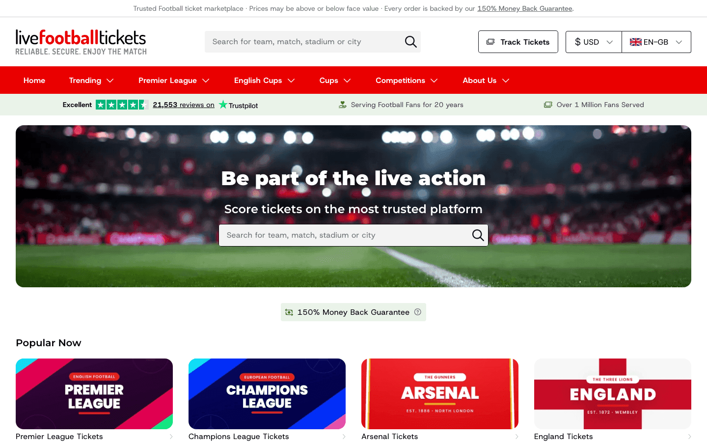 Live Football Tickets website homepage, captured 29 October 2026